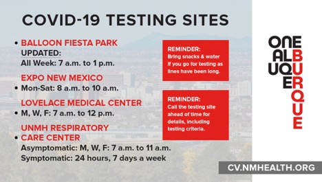 A graphic featuring a list of testing sites and hours. Additional testing sites are available. Visit cv.nmhealth.org then click "Where to Get Tested?" for a searchable list of locations. Remember to call the testing site ahead of time for details, including testing criteria. Please note that testing sites and hours are subject to change. Reminder: Bring snacks & water if you go for testing as lines have been long.